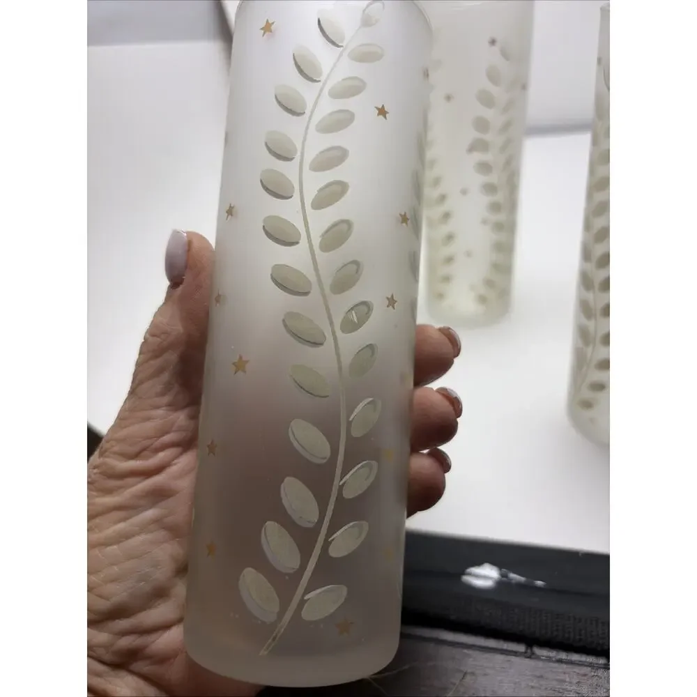 6 Libbey Tom Collins Zombie Frosted Glasses Ferns & Gold Stars 12oz 7x2.5